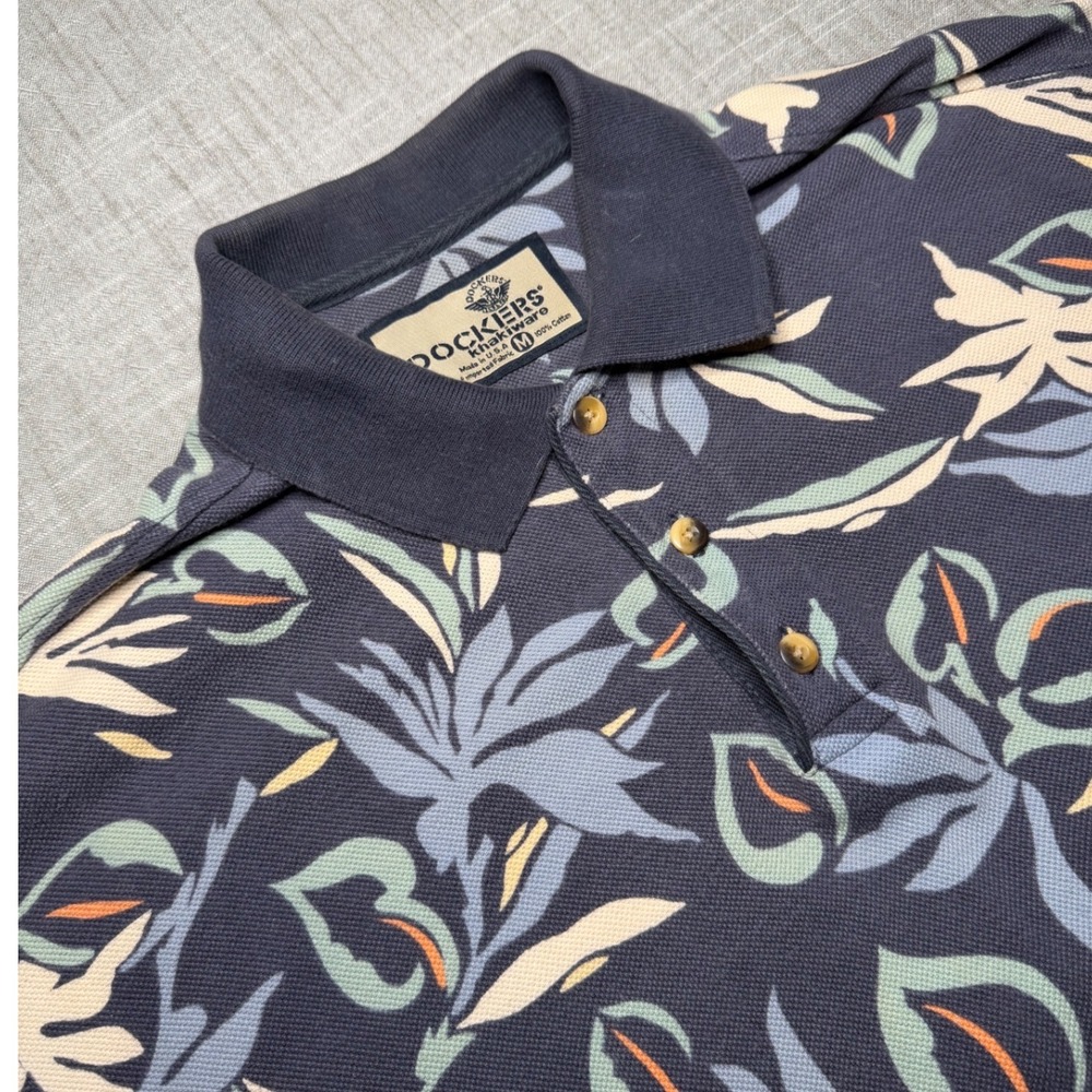 Vintage Dockers Khakiware Mens Floral Tropical Polo Shirt Navy Blue Cotton M